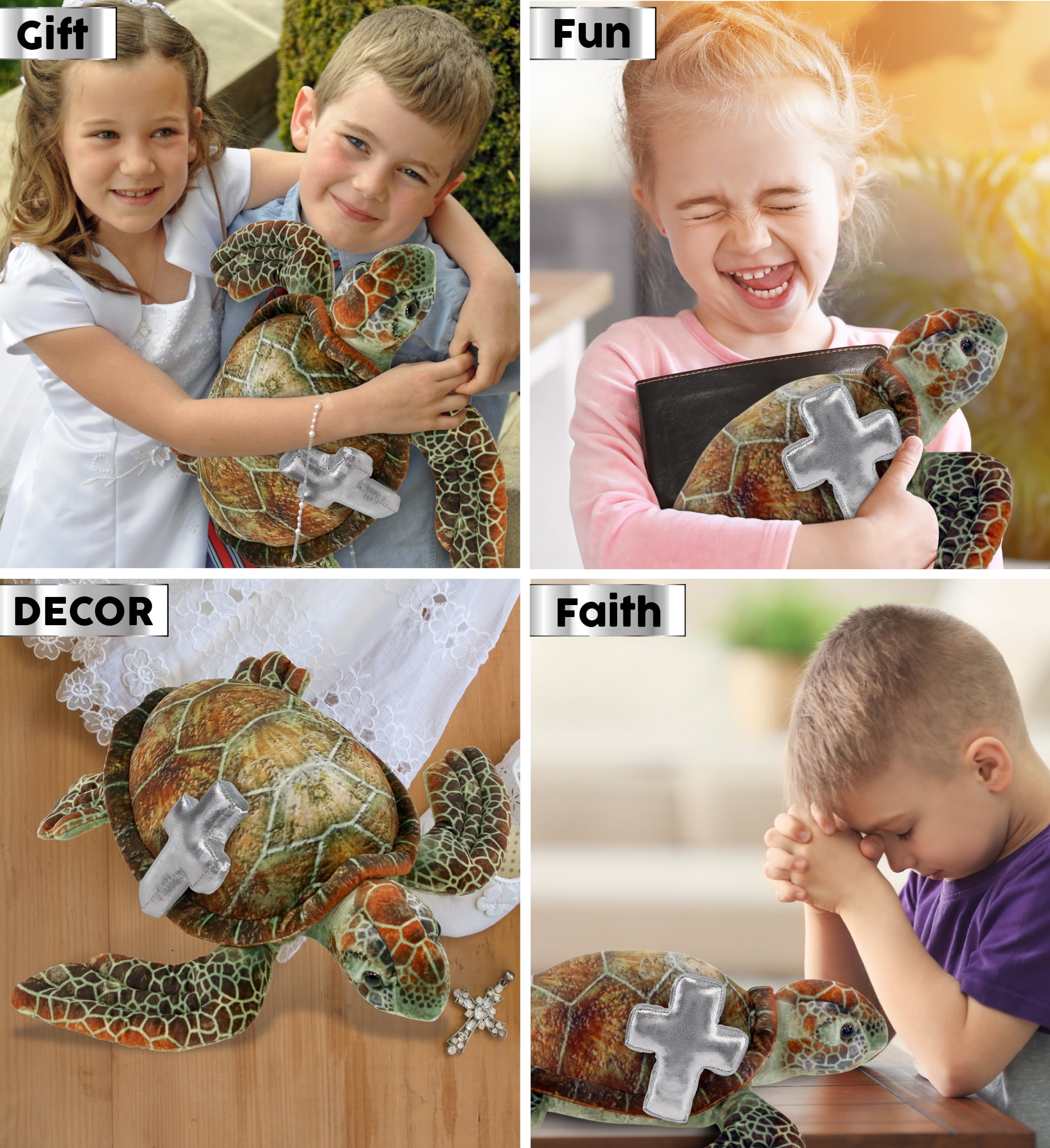 DolliBu Wild Collection Sea Turtle Stuffed Animal with Silver Cross Plush - Baptism Gifts for Boys and Girls, Dedication Christening Gifts Plush Prayer Toy Healing Stuffed Animal - 14 Inches