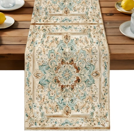 Vintage Flowers Pattern Table Runner Ethnic Classical Bohemian Style Cotton Linen Table Cloth Tablerunner for Kitchen Dining Party Wedding Home Decor 13x90 Inch