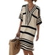 thumbnail image 1 of Vestido de Verano Casual Mujeres Lino V-Cuello Impreso a Rayas de la Mitad de la Manga Suelto Relajado Vacaciones Playa Tanque Capa Superior Midi, 1 of 8
