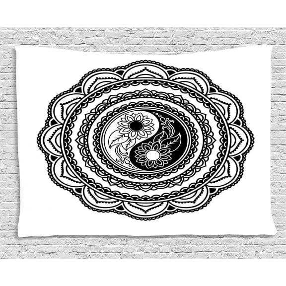 Black and White Tapestry, Henna Tattoo Mehndi Style Mandala with Sunflowers and Yin Yang Shape, Wall Hanging for Bedroom Living Room Dorm Decor, 60W X 40L Inches, Black and White, by Ambesonne