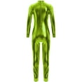 thumbnail image 2 of Hansber Kids Girls Shiny Metallic Dance Unitard One Piece Wet Look Bodysuit Long Sleeve Full Length Jumpsuit Green XS/115, 2 of 5