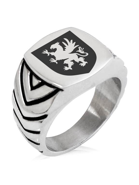 Stainless Steel Griffin Valor Coat of Arms Shield Chevron Pattern Biker Style Polished Ring