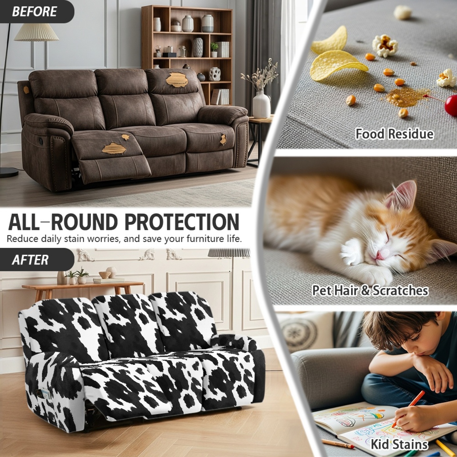 COEQINE Reclining Sofa Cover Universal 3 Seater Stretch Sofa Recliner Cover 8 Pieces Recliner Couch Slipcover Polyester Furniture Protector for Kids, Pets, Black White Cow Print