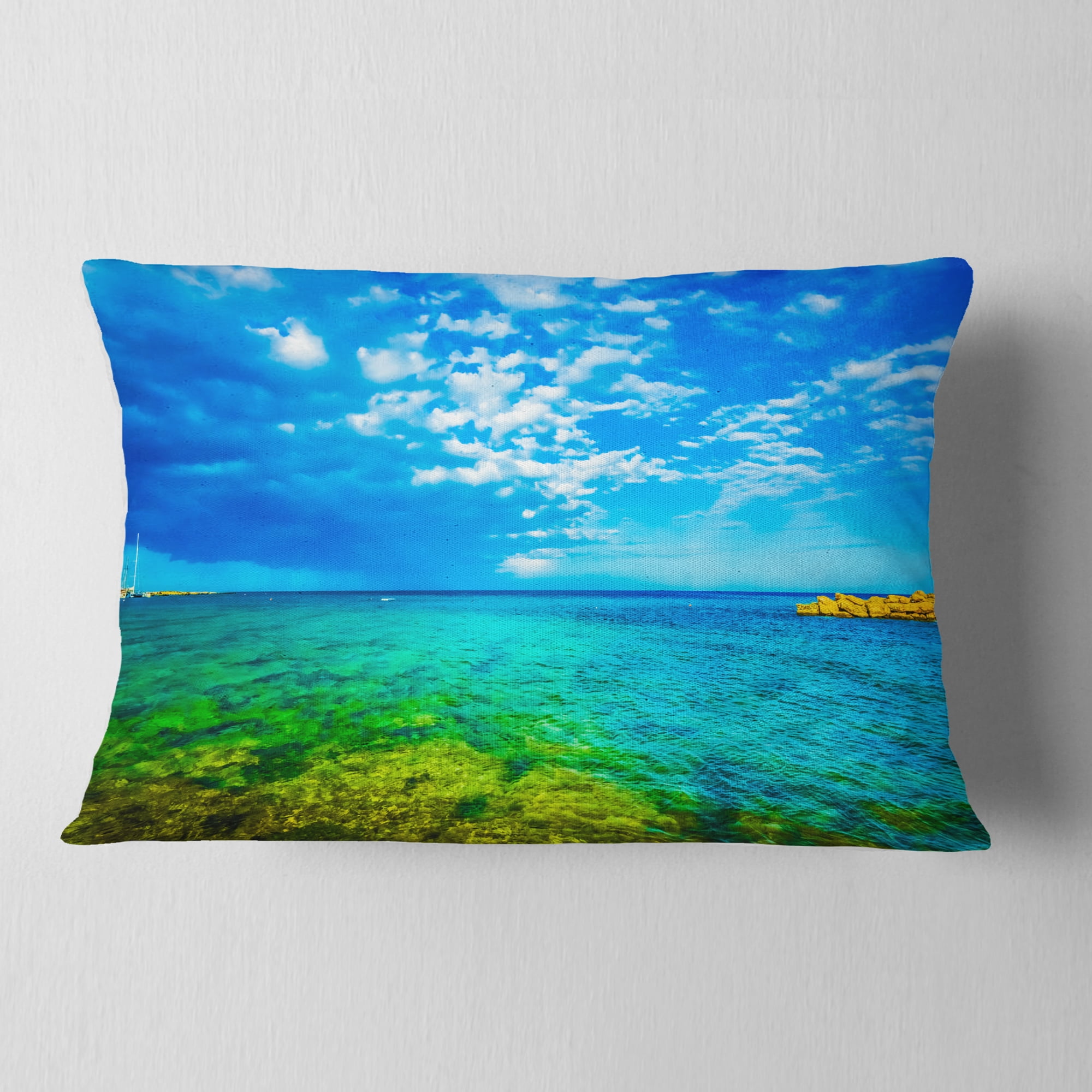 Designart Picturesque Green Blue Seashore - Modern Seascape Throw Pillow - 12x20