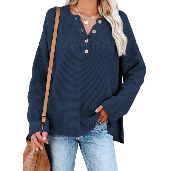 HOTAPEI Womens Waffle Knit Sweater Casual Crew Neck Long Sleeve Pullover Sweaters for Women Side Slit Henley Knit Tops