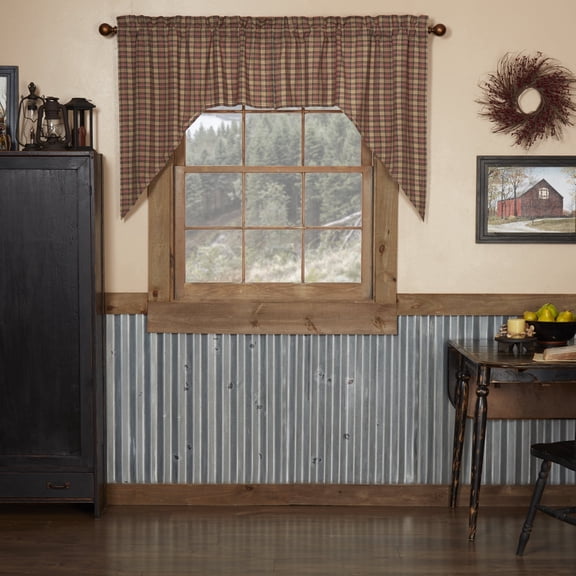 VHC Brands Crosswoods Plaid Cotton Primitive Kitchen Curtains Rod Pocket Hanging Loops Swag Pair, Natural Tan