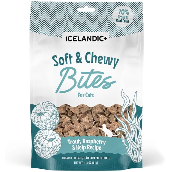 Icelandic+ Soft & Chewy Bites - Trout, Raspberry & Kelp - 1.8oz Cat Treats, 70% Meat & Fruit, Air-Dried, Limited Ingredients, Pet Snack, Grain Free