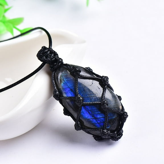 Labradorite Pendant Necklace Natural Crystal Stone with Macramé Black Cord for Meditation and Spiritual Healing