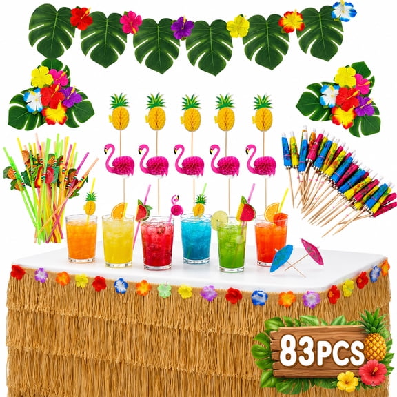 Hawaiian Party Supplies Tropical Luau Party Decorations Set Hawaiian Beach Theme Party Favors - Table Skirt, Palm Leaves, Hibiscus Flowers, Straws, Flamingo, Pineapple Décors 83PCS