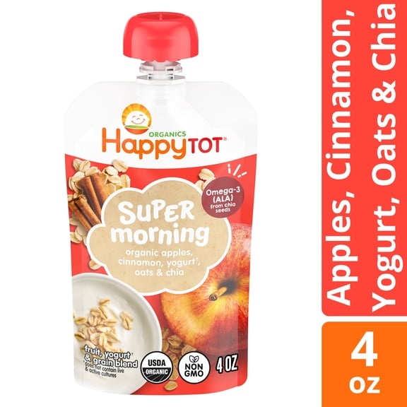 Happy Tot Organics Super Morning Stage 4, Apple Cinnamon Yogurt & Oats Organic Tot Food, 4 oz. Pouch