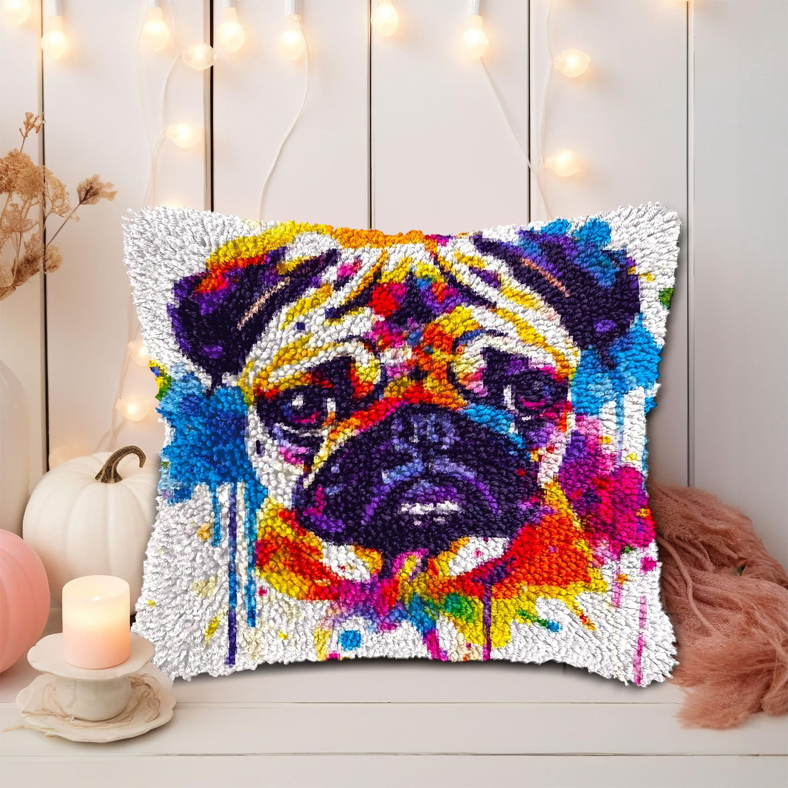 Watercolor Cute Pug Dog DIY Latch Hook Pillow Kits for Adults Printed Pillowcase Crochet Yarns Hooking Handmade Pillow Cover Cushion for Home Sofa Decoration 17x17inch(1)