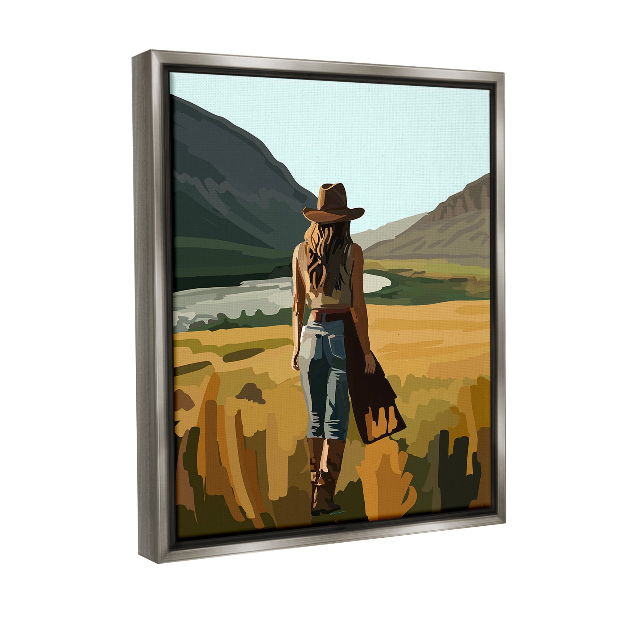 Stupell Industries Strolling Cowgirl in Desert Landscape Painting Gray Floater Framed Canvas Art Print Wall Art, 17 x 21