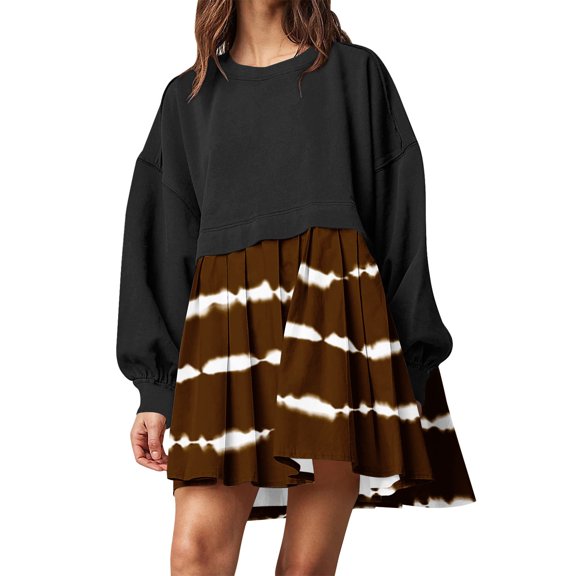 Elainilye Fashion Dresses for Women 2024 Casual Sweatshirt Long Sleeve Dress Round-Neck Ladies Patchwork Mini Dresses,Brown