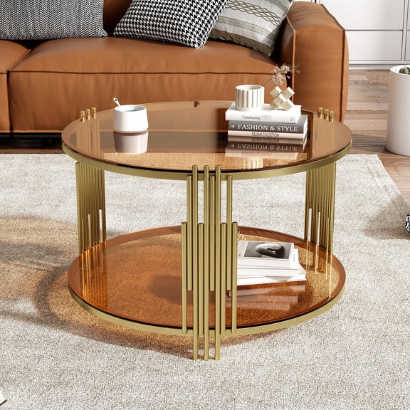 Contemporary Round Brown Glass Coffee Table | Provides a Sleek and Spacious Feel, Good for Reading | Asymmetrical Metal Design Adds Uniqueness | Lower Shelf for Storing Decorative Pieces