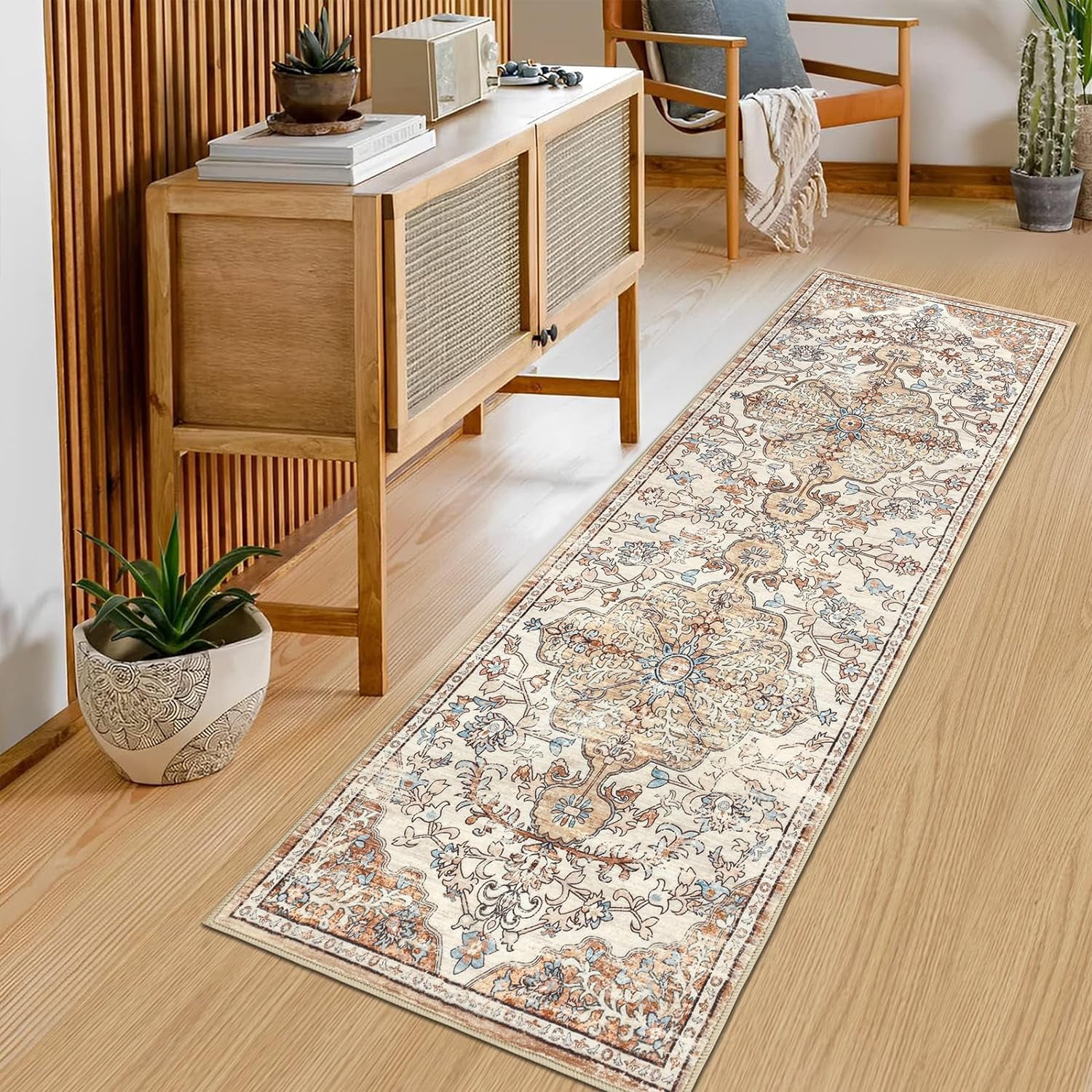 Findosom 2'x6' Vintage Runner Rug 0.4" Distressed Hallway Rug Non Slip Laundry Runner Rug Decor Rug Washable Runner Rug Kitchen Floor Mat Entryway Rug Runner for Laundry Kitchen Entryway, Beige