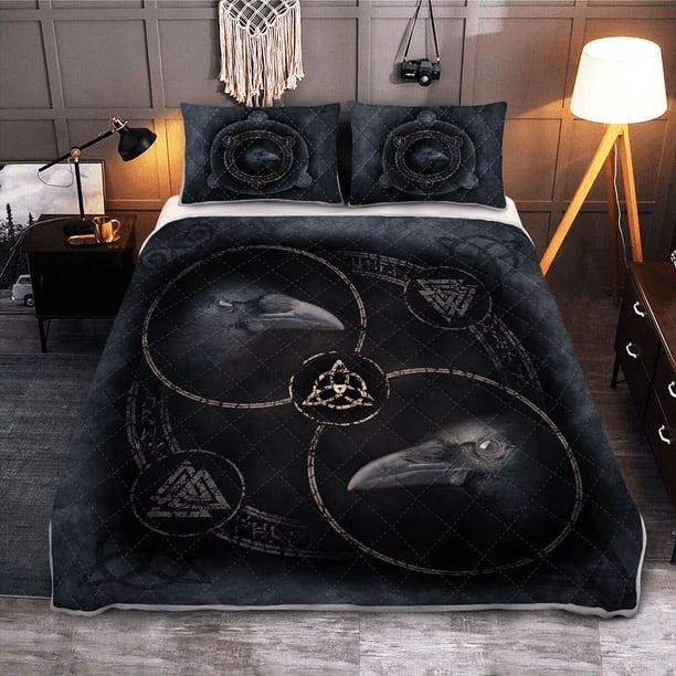 Funda Doona Vikinga - Cuervo y Símbolos Rúnicos - Juego de Cama Colcha Vikinga Rlt12