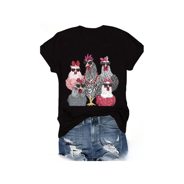 Casual Crew Neck T-Shirt, 100% Cotton Knit Fabric, Geometric-Pattern, Short Sleeve Tee with Chickens Print for all Seasons