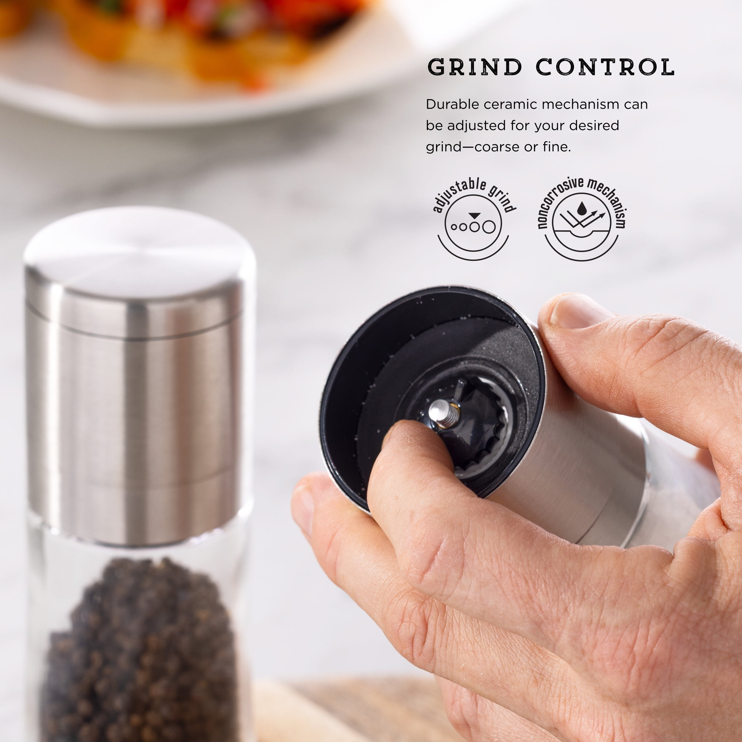 (4 pack) Kamenstein Elite Prefilled Salt and Pepper Grinder Set with Adjustable Grinder