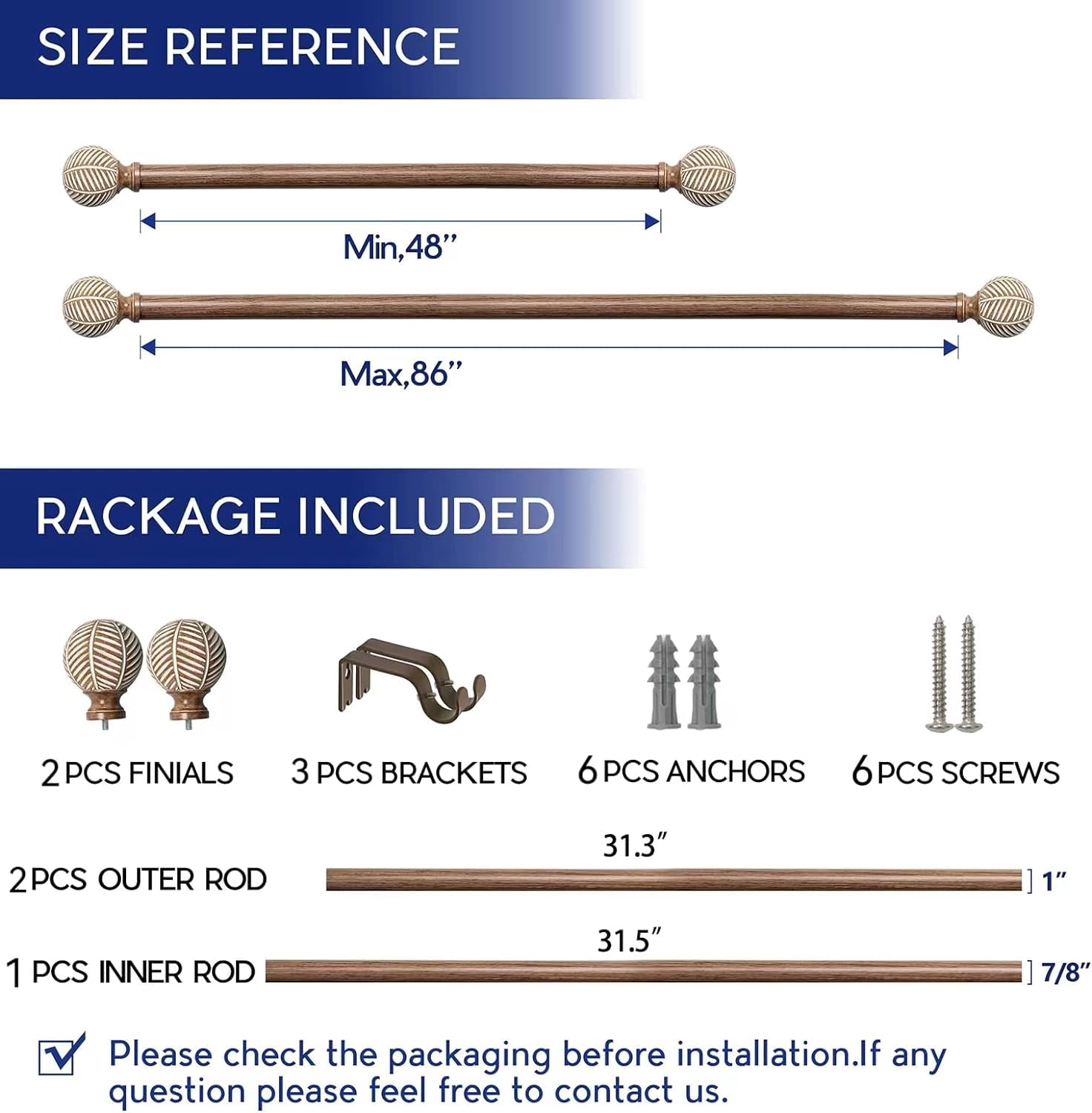 Unconsil 1" Imitation Wood Grain Leaf Pattern Finials Adjustable Single Curtain Rods, 48"-86"