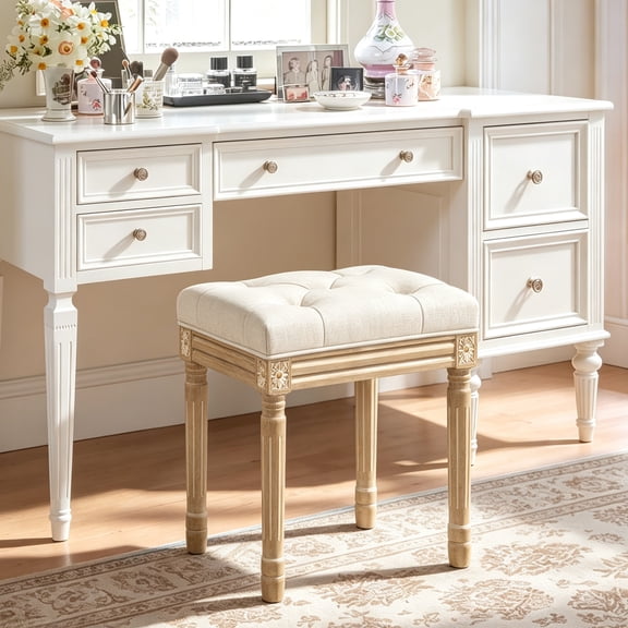 Dycanpo 16" Vintage Vanity Stool, Button Tufted Upholstered, Solid Wood Legs, Beige
