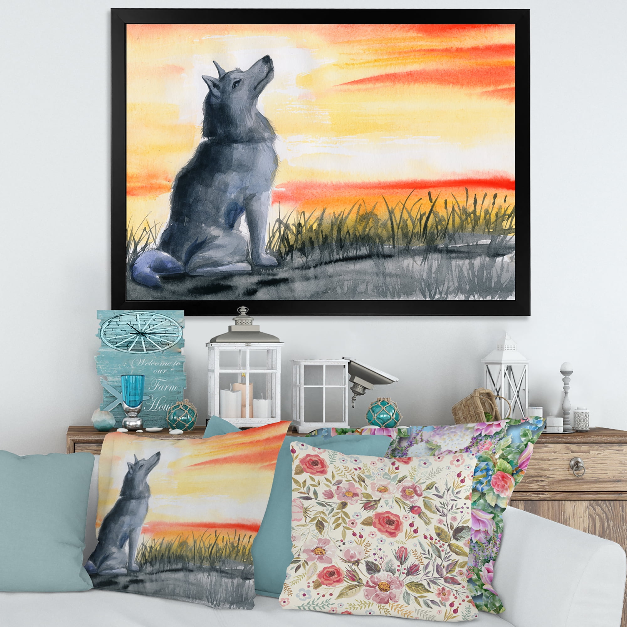 Designart 'Portrait Of Grey Wolf Howling At The Moon' Traditional Framed Art Print