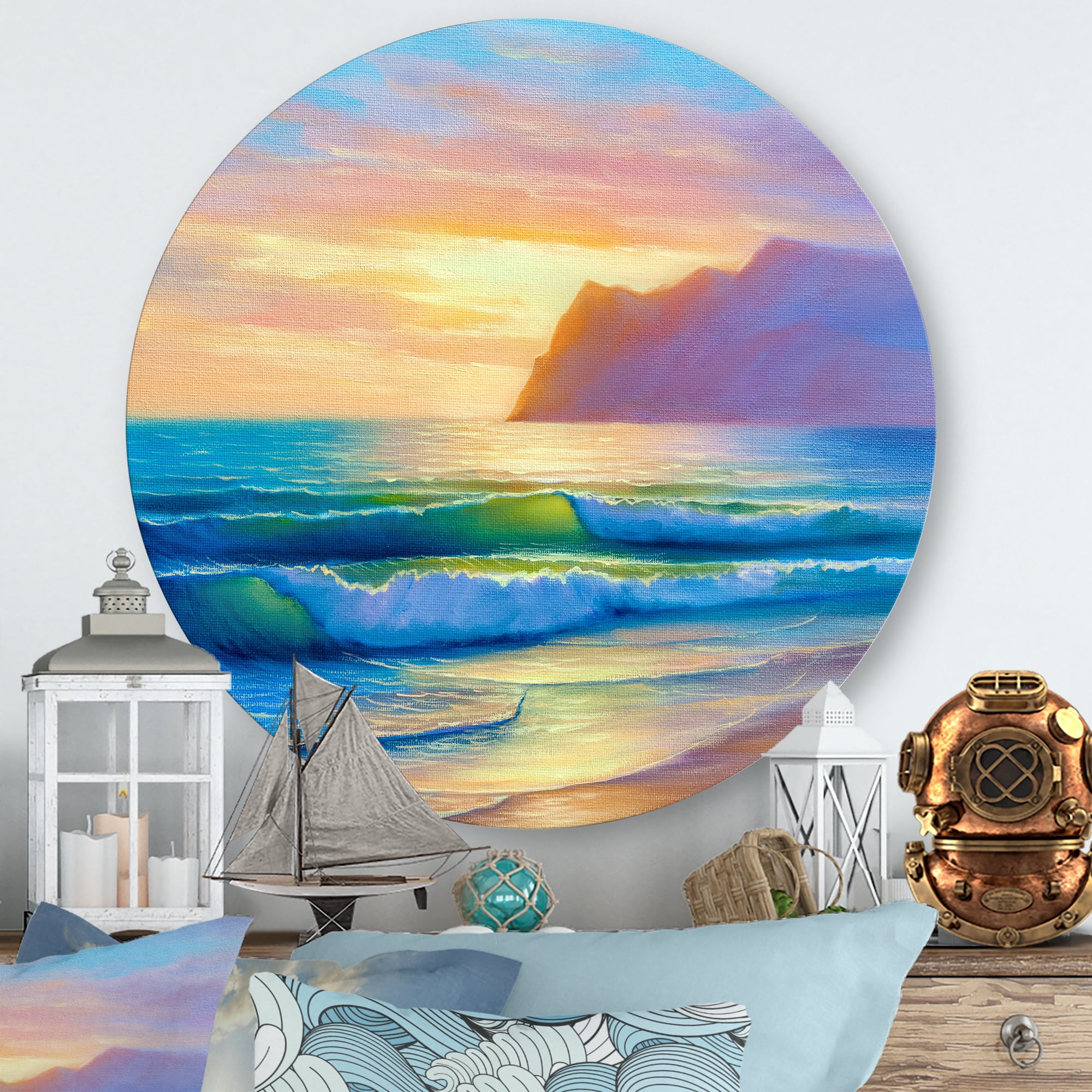Designart 'Sunrise Glow On The Sea Waves IV' Nautical & Coastal Circle Metal Wall Art 11x11 - Disc of 11
