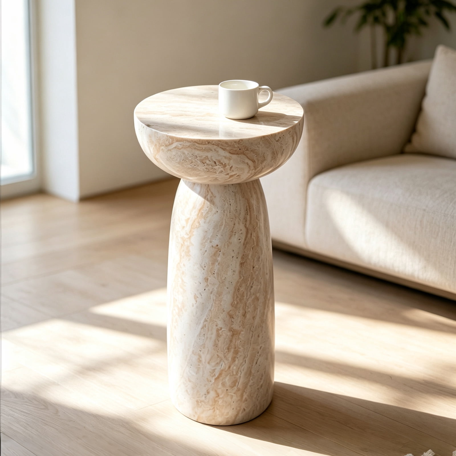 Side Table with Mushroom Shape and Natural Stone Grain, Waterproof Patio End Table and Accent Table for Balcony Yard Hallway, Beige White