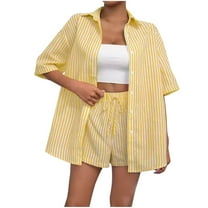 Fmbrln Womens Summer 2 Piece Sets Casual Stripe Print Turndown Collar Button Short Sleeve Shirts and Drawstring Elastic Waist Shorts Sets Lounge Vacation Outfits Yellow S