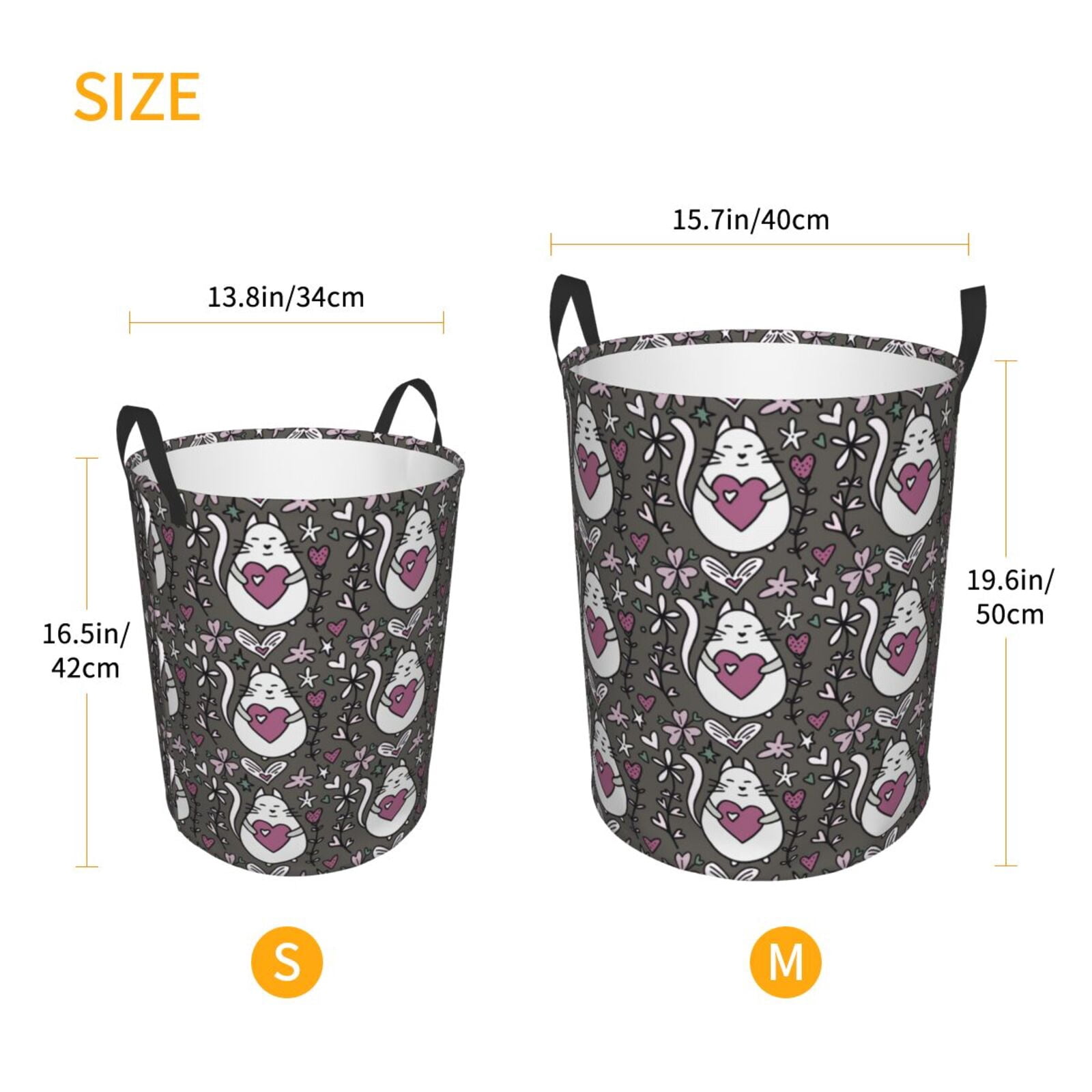 Large Laundry Basket with Handles - Abstract Cartoon Cat Heart Flower Kids Baby Dirty Clothes Laundry Hamper for Bedroom Aesthetic