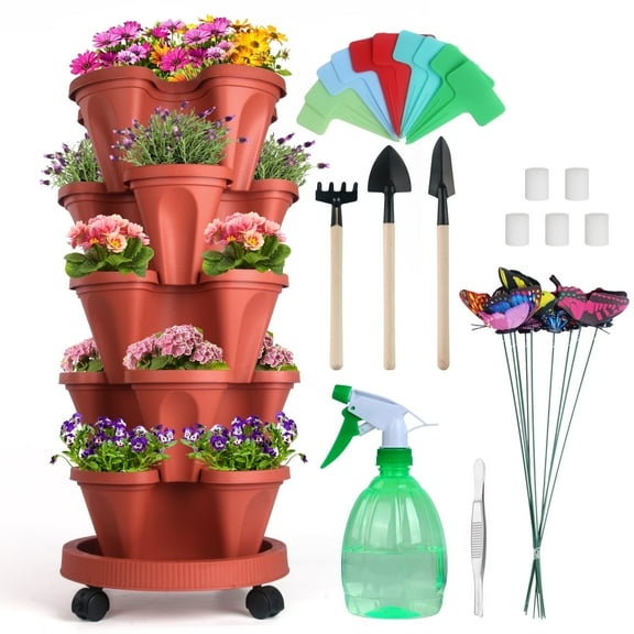 5 Tier Stackable Planter Vertical Garden With Accessories for Vegetables, Flowers, Herbs, Succulents, Microgreen Gardening - Red