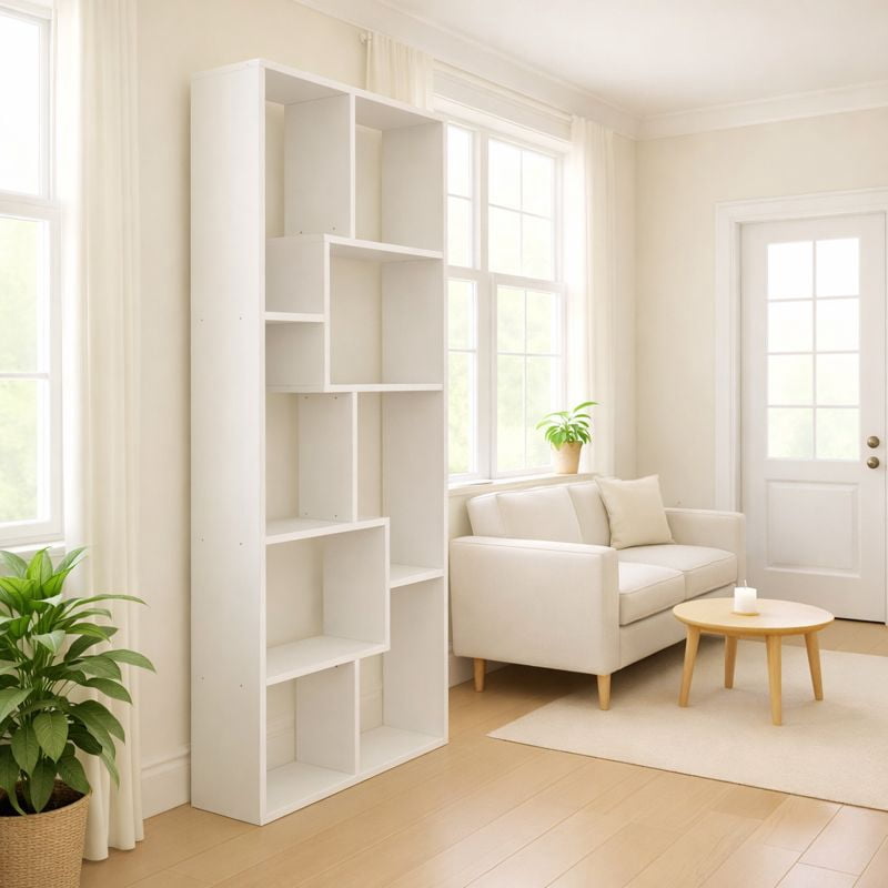 Asymmetrical 5-Tier Display Shelf & Bookcase, Tall Geometric Cube Bookcase with Open Shelves, Modern Storage Cabinet for Living Room, Home Office, White