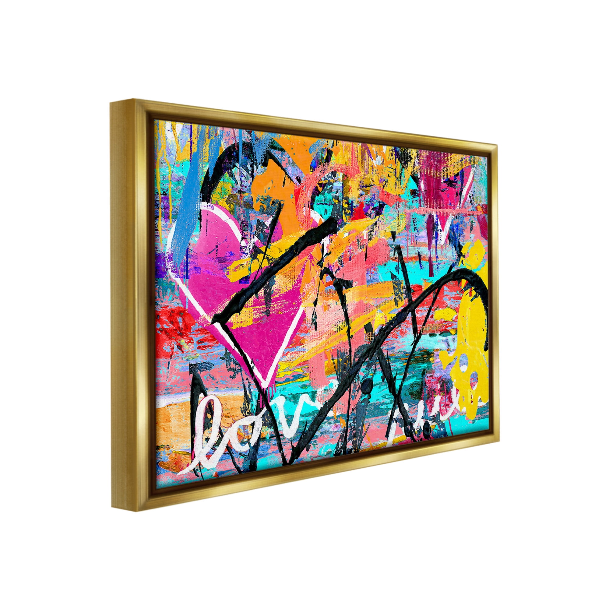 Stupell Industries Vivid Love Graffiti Collage Abstract Painting Gold Floater Framed Canvas Art Print Wall Art, 31 x 25