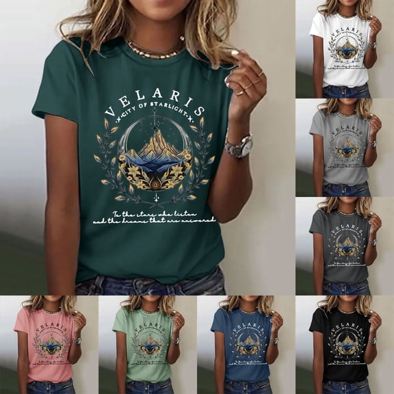QHWAUAKFBN T Shirts For Women Trendy Loose Fit Summer Printed Short Sleeved Crew Neck Tshirts Top
