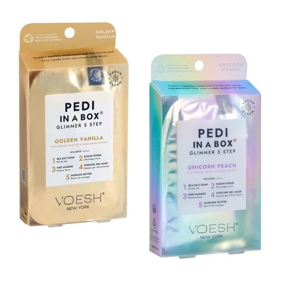 VOESH Pedi in a Box Glimmer - Paquete variado de 2 paquetes Pedi in a Box Spa Pedicure Kit Sparkly Pedicure DIY Pedi Cuidado de los pies en casa Productos Pedi Cuidado de la piel vegano