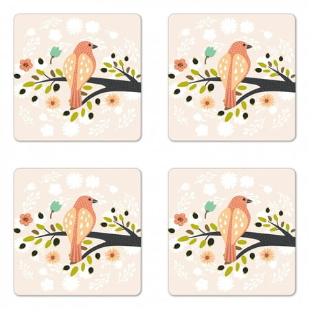 

Forest Coaster Set of 4 Scandinavian Inspired Bird on a Tree Branch in a Floral Wreath Square Hardboard Gloss Coasters Standard Size Pale Eggshell Multicolor by Ambesonne