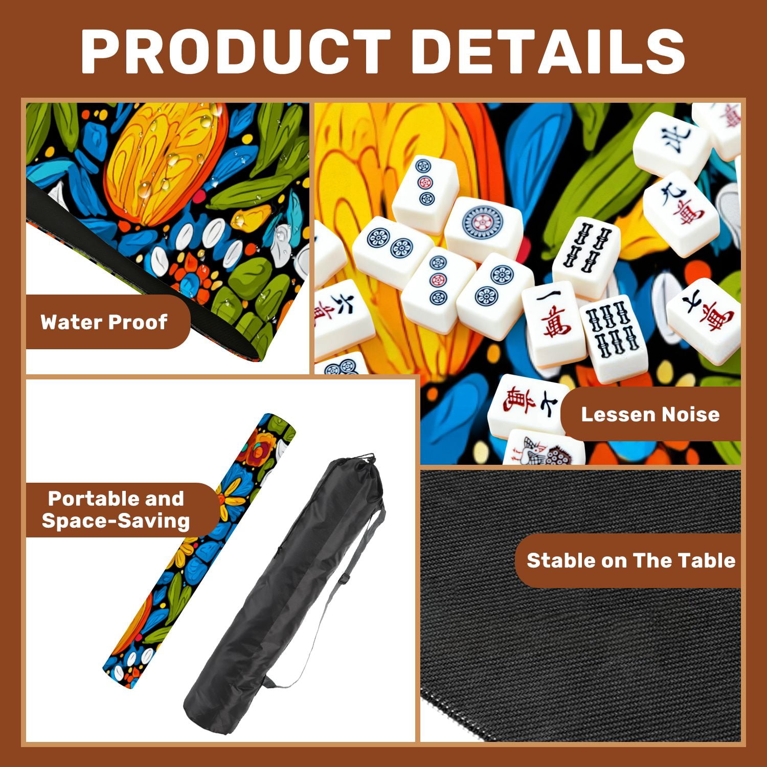 Mahjong Mat 31.5" x 31.5" Mexican talavera seamless Non-Slip Noise Reduction American Mahjong Tiles Table Cover for Dominoes Poker Card Board Games Gift