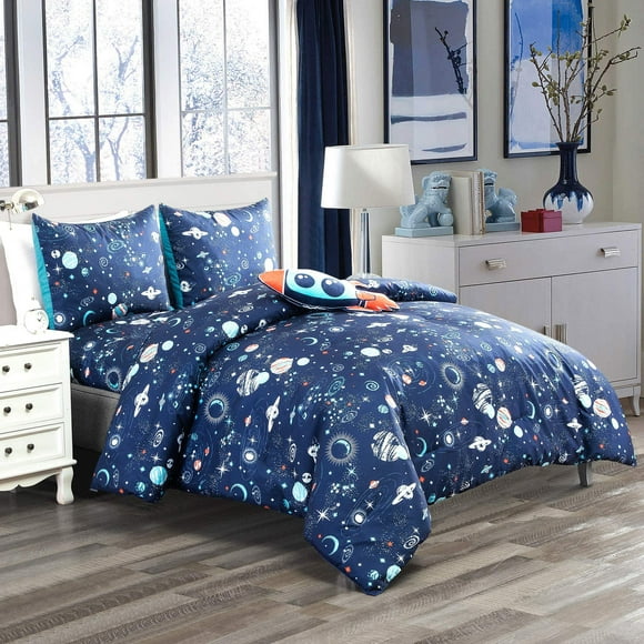 WPM Ensemble de Literie 5 Pcs Imprimé Fusée Vaisseau Spatial Bleu Taille Complète, Drap Taie d'Oreiller et Oreiller Fusée Inclus (Pandora, Couette Complète)