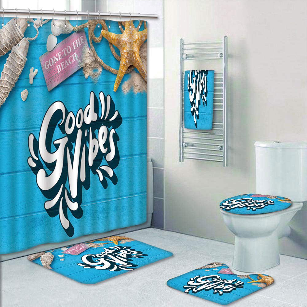 Beach Vacation Good Vibes Only Shower Curtain Toilet Cover Rug Mat Contour Rug 