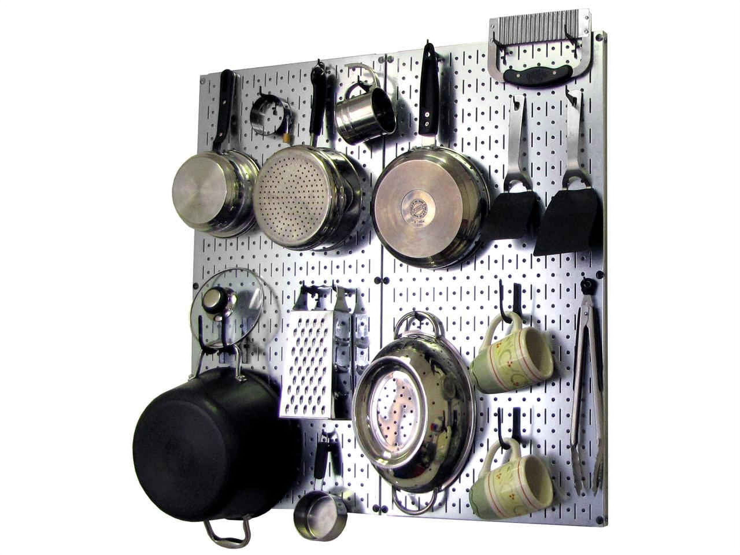 Wall Control Kitchen Pegboard Organizer Pots and Pans Pegboard Pack Storage and Organization Kit with Metallic Silver Pegboard and Black Accessories