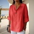 thumbnail image 2 of Qcmgmg Chemises en Lin pour Femmes Manches 3/4 Vacances Tunique Col en V Blouse 2025 Décontractée Bouton Hauts de Plage Rouge P, 2 of 6