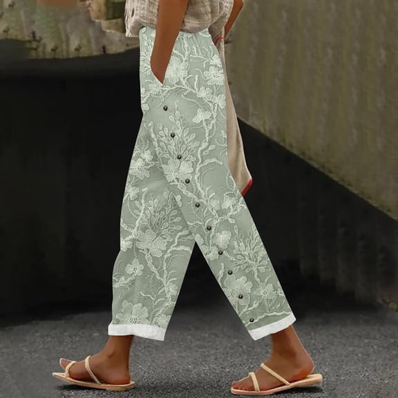 Women's Casual Pants Women'S Embroidered Floral Print Elastic Belt With Pocket Trousers Side Buttons Cropped Pants Loose Casual Pants Print Straight Pants,Green Women's Casual Pants XL