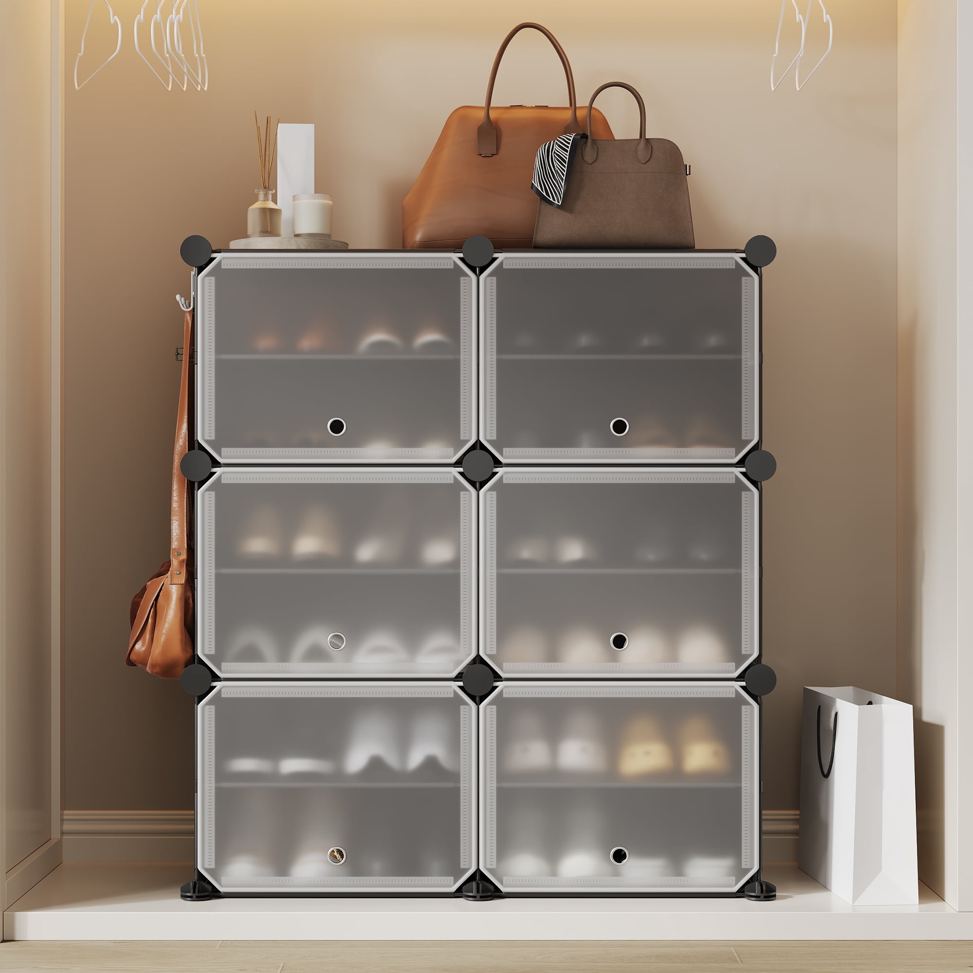 Modular 6-Cube Shoe Storage Cabinet with Doors – 6-Tier Plastic Shoe Organizer – Space-Saving – Easy DIY Assembly – for Entryway, Bedroom, Living Room – Black