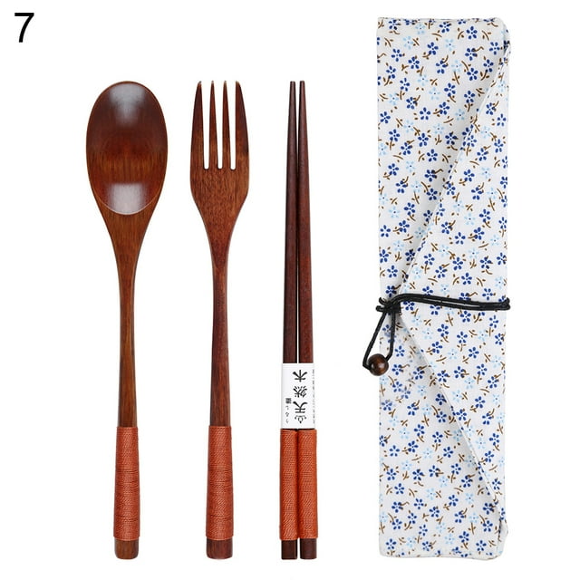 Flmtop 3/4Pcs Reusable Portable Travel Wooden Spoon Chopsticks Fork Tableware Cutlery