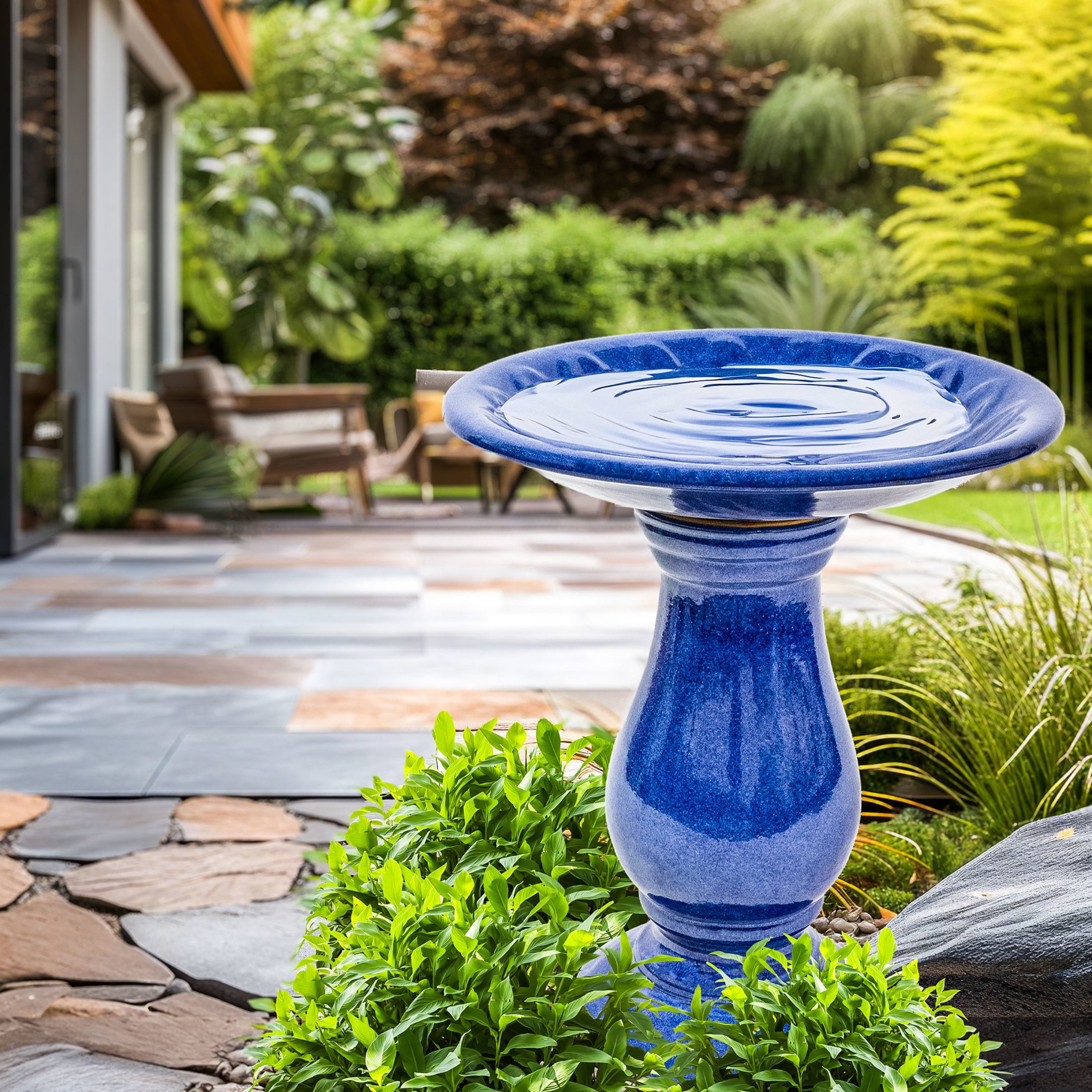 Sunnydaze Daisy Embossed Bowl Freestanding Ceramic Pedestal Outdoor Bird Bath