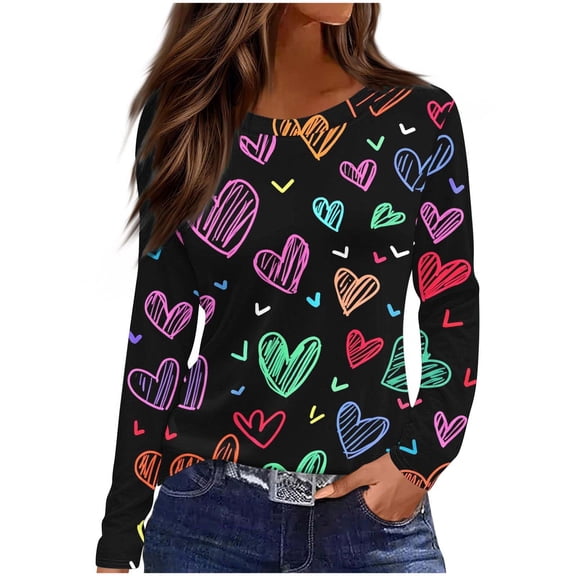 Valentine's Day Women's Funny Love Heart Graphic Shirt Casual Long Sleeve Pullover Top Trendy Crewneck Sweatshirt