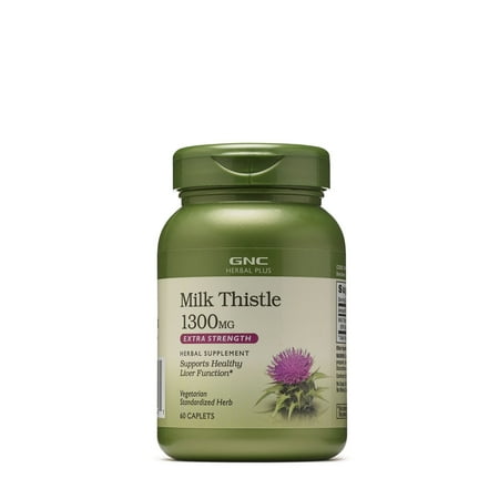 GNC Herbal Plus Milk Thistle 1300mg Supplement, Extra Strength, Vegetarian, Supports Healthy Liver Function, 60 Caplets, 60 Servings