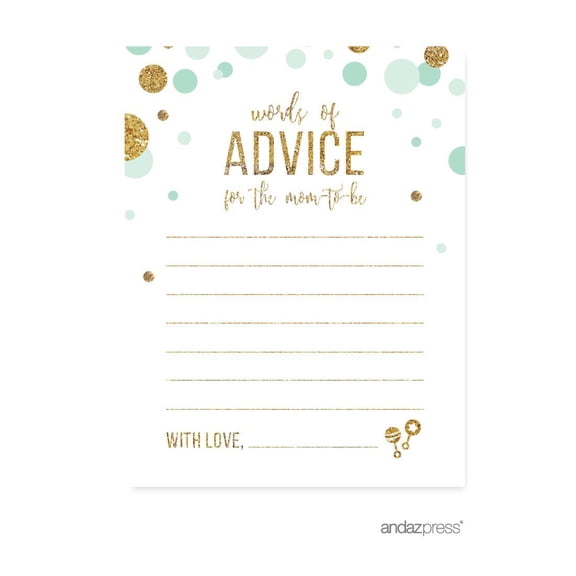 Advice for Mom & Dad Mint Green Gold Glitter Baby Shower Games, 20-Pack