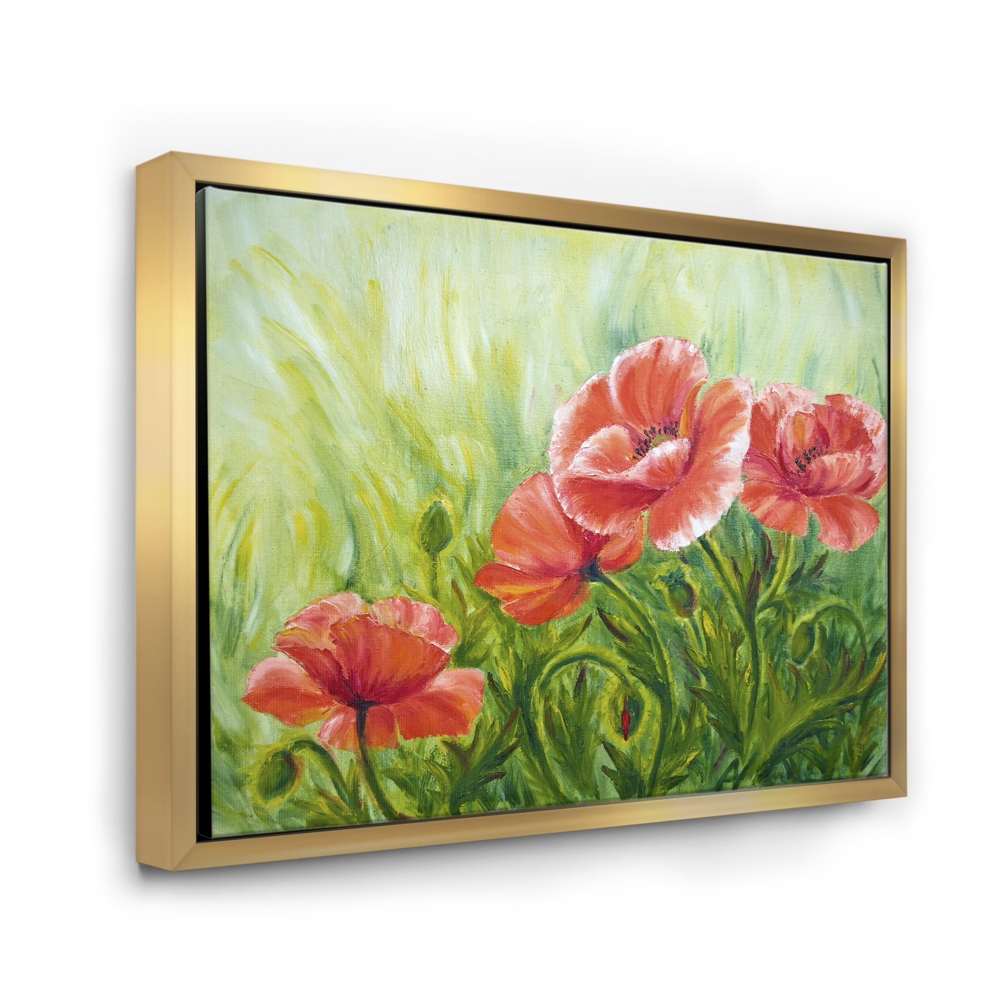 Designart 'Red Blossoming Poppies Over Wild Green III' Traditional Framed Canvas Wall Art Print