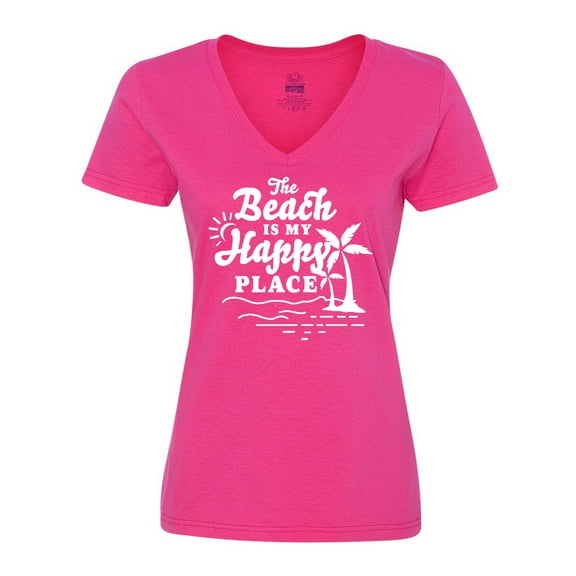 Inktastic The Beach is My Happy Place with Palm Trees Women's V-Neck T-Shirt
