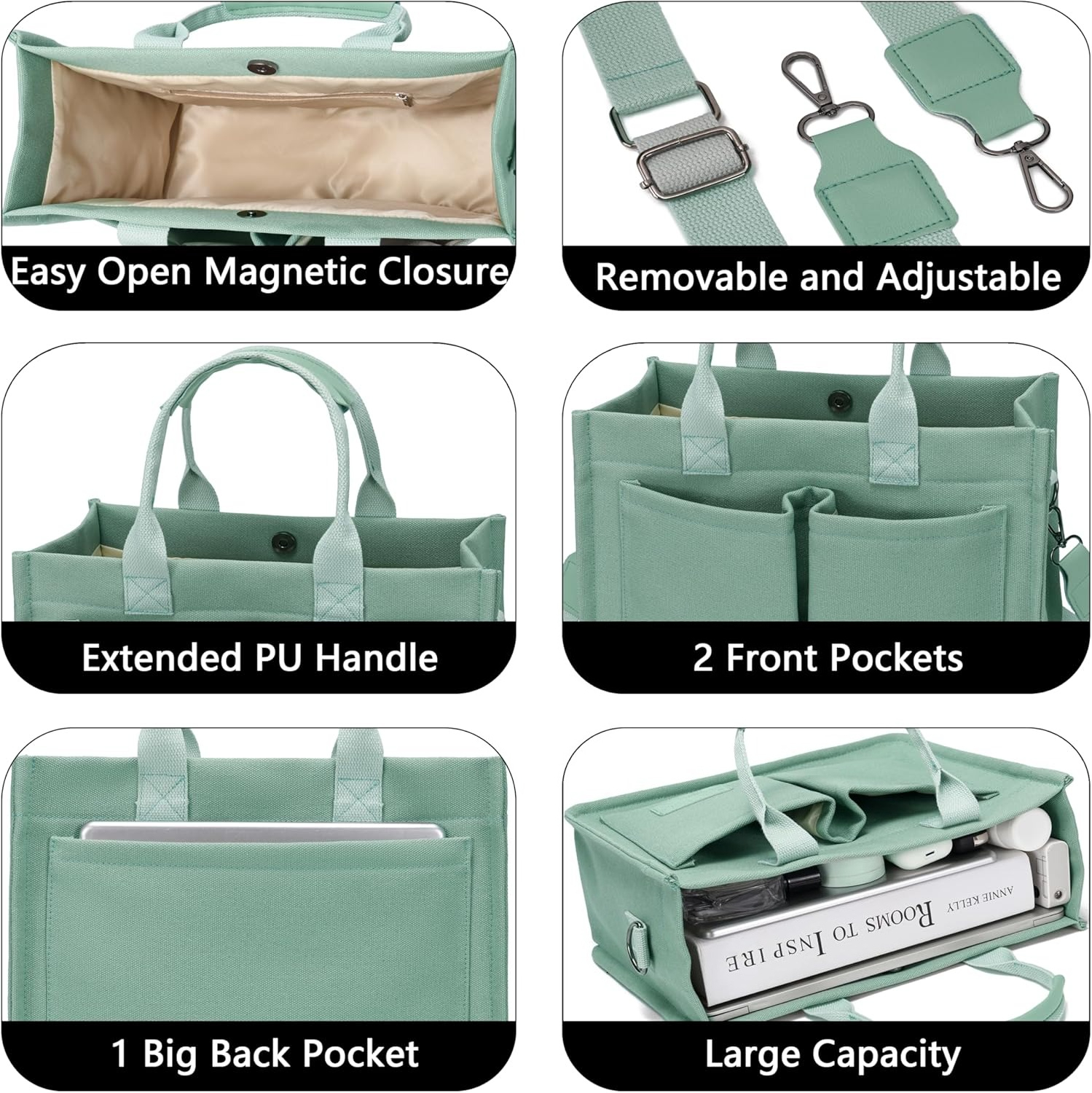Tote Bag for Women With Compartments,Large Canvas Totes Women's Purse Crossbody Bags Work Laptop Book Bag Shoulder Handbags Green